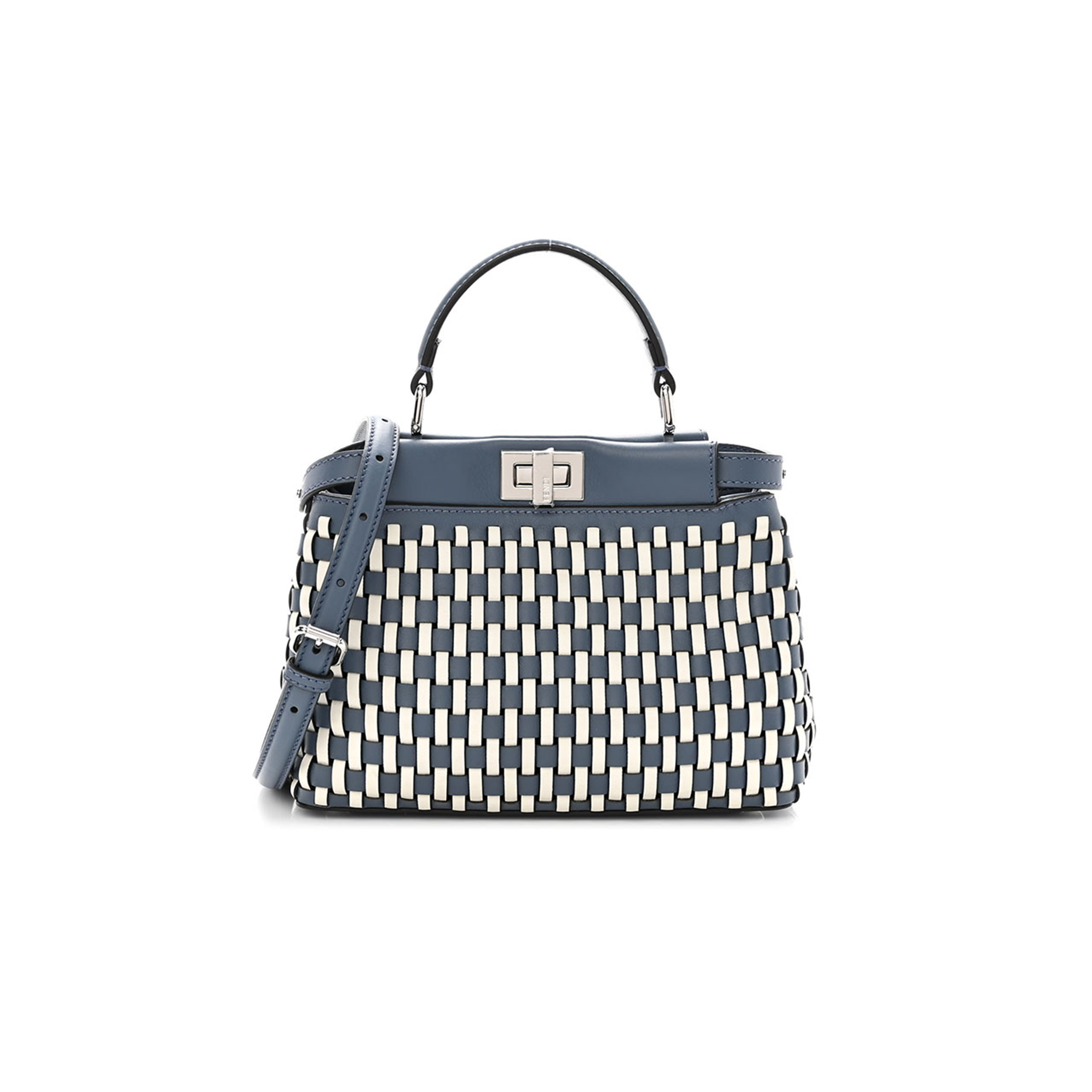 F**di calfskin woven mini peekaboo iconic satchel mirto white ice (24*18.5*10.5cm)